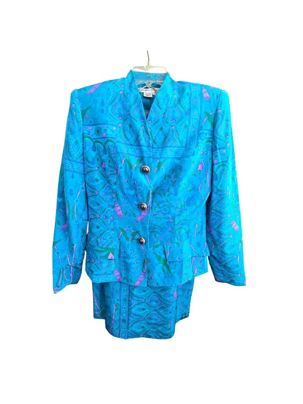 Vintage Anne Crimmins Silk Blazer Skirt Set Turquoise Floral Size 4 Womens HS164